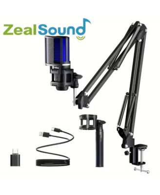 Игровой USB-микрофон ZealSound Plug&Play с адаптером Type-C для ПК, конденсаторный компьютерный микрофон RGB с подставкой для штатива и стрелой-манипулятором, быстрое отключение звука, черный