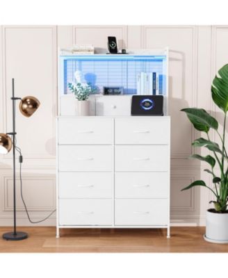 деревенский комод gaomon для спальни с зарядной станцией, RGB-светодиодом, управляемым приложением, Высокий комод-органайзер для хранения с 11 тканевыми выдвижными ящиками белого цвета