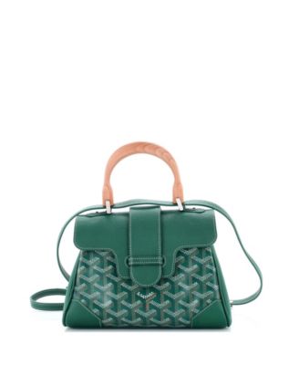 Бывшая в употреблении сумка Goyard Mini Saigon с верхней ручкой, покрытая холстом и зеленой кожей