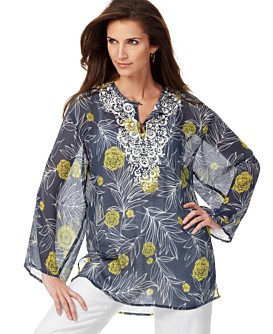 O Oscar Printed Embroidered Sheer Tunic