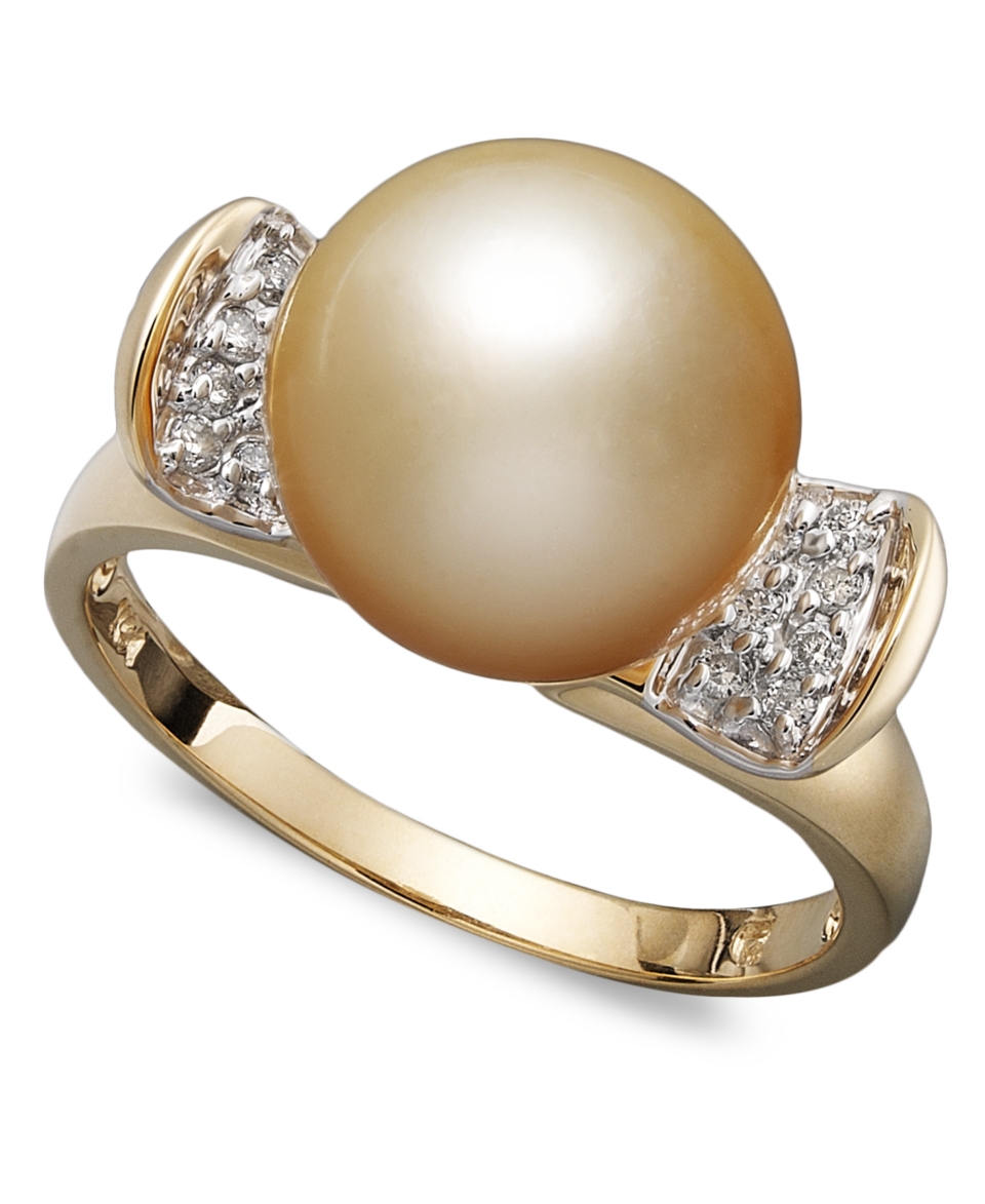 14k Gold Ring, Cultured Golden South Sea Pearl (10 11mm) and Diamond