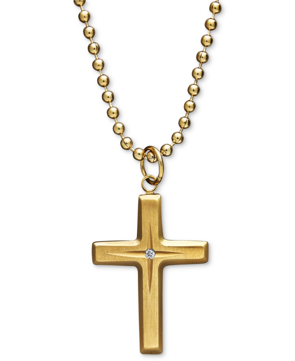 Yellow Ion Plated Stainless Steel Necklace, Diamond Accent Cross