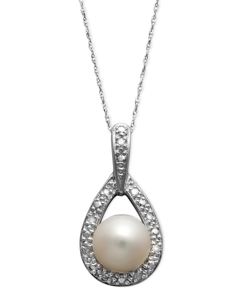 Belle de Mer 14k White Gold Necklace, Cultured Freshwater Pearl (8mm) and Diamond Accent Teardrop Pendant   Necklaces   Jewelry & Watches