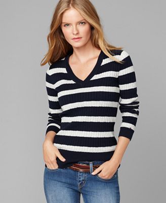 Tommy Hilfiger Sweater, Jenny Long Sleeve Striped Cable Knit - Sweaters ...