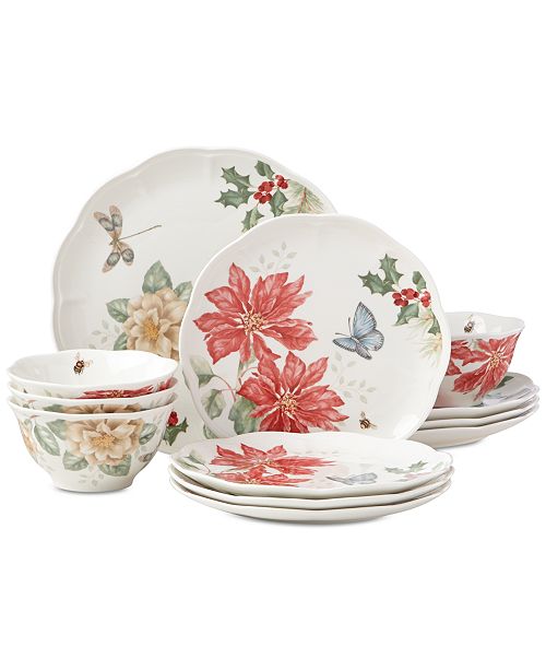 Lenox Butterfly Meadow Holiday 12 Piece Dinnerware Set Poinsettias And Jasmine Design Created For Macy S Reviews Dinnerware Dining Macy S