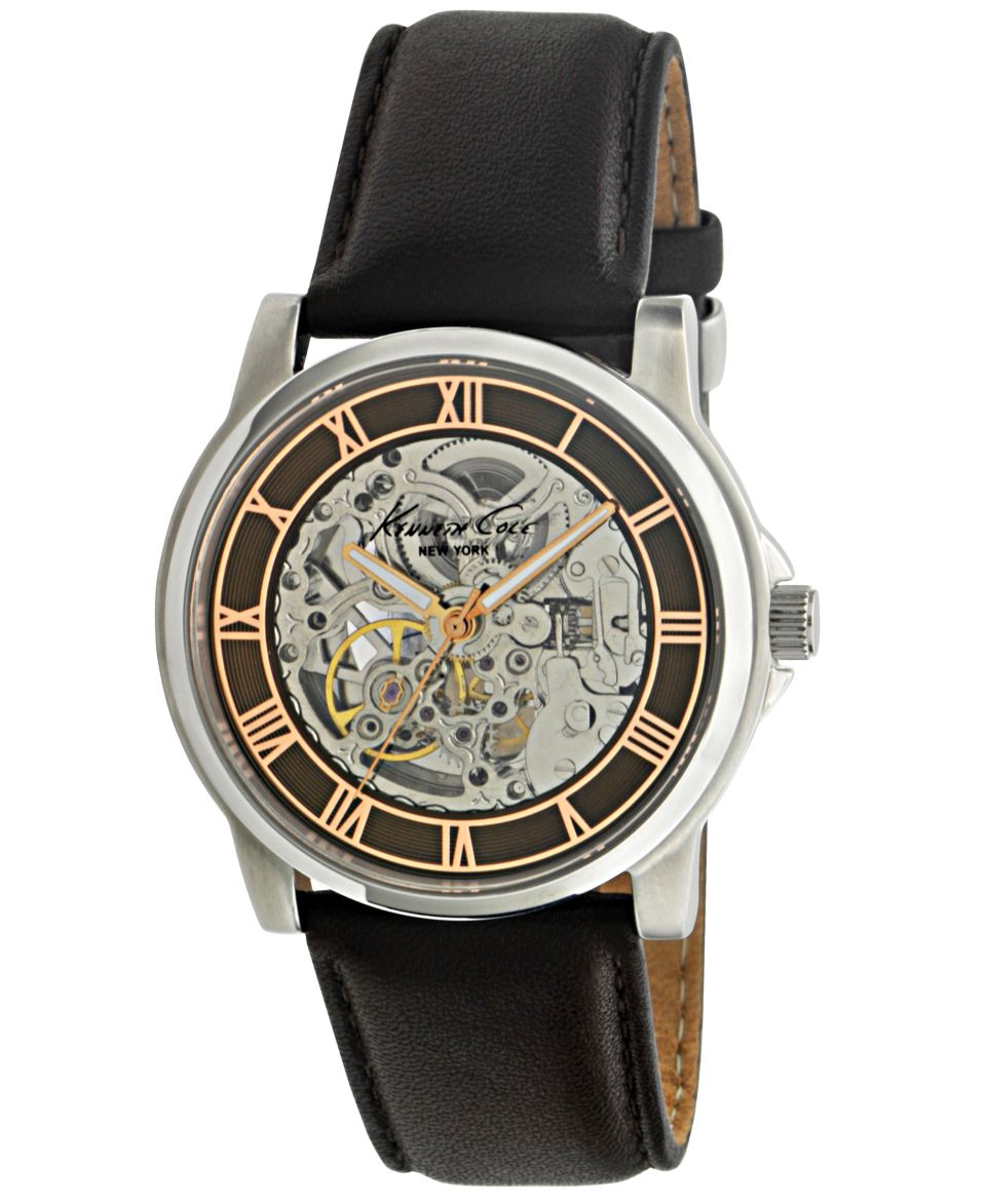 Kenneth Cole New York Watch, Mens Automatic Skeleton Brown Leather