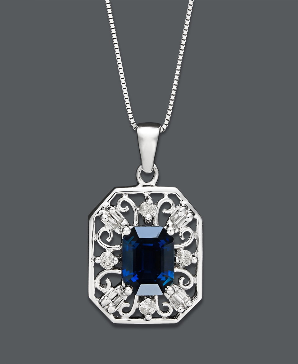 14k White Gold Necklace, Emerald Cut Sapphire (1 9/10 ct. t.w.) and Diamond (1/5 ct. t.w.) Pendant   Necklaces   Jewelry & Watches