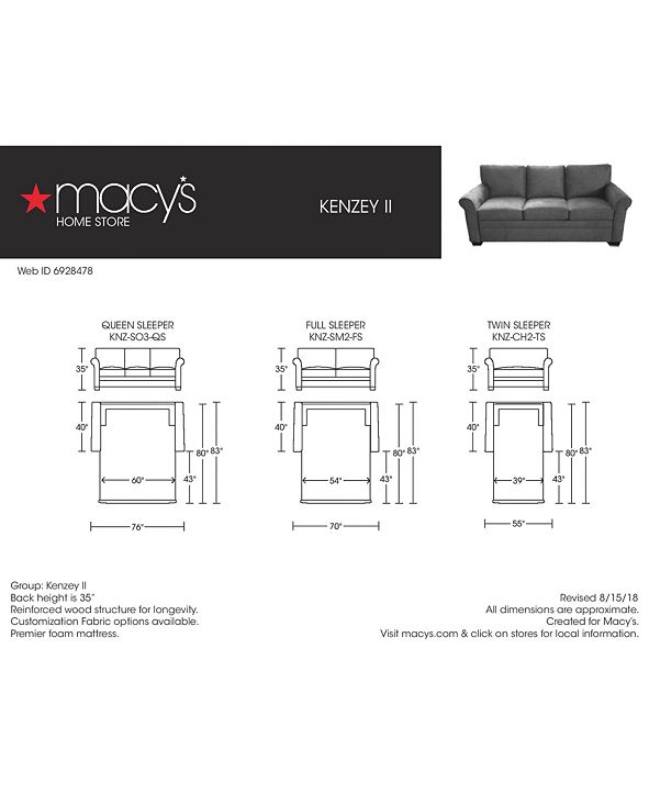 Furniture Kenzey II 76" Fabric Queen Sleeper Sofa Bed, Created for Macy