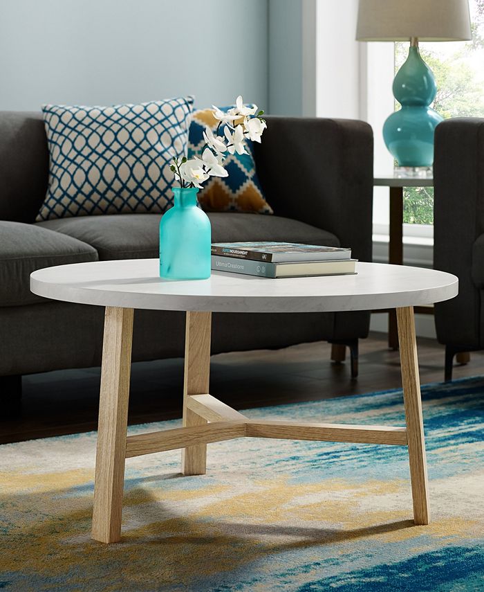 Walker Edison 30 inch Round Coffee Table in Faux White Marble and Light