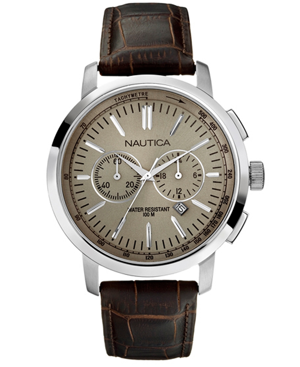 Nautica Watch, Mens Chronograph Brown Croc Embossed Leather Strap