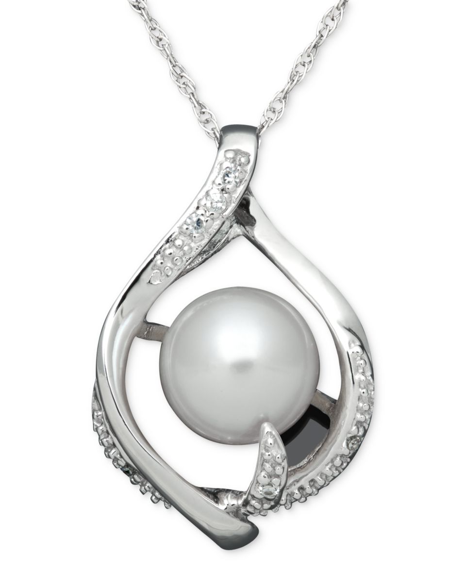 Sterling Silver Necklace, Cultured Freshwater Pearl and Diamond Accent