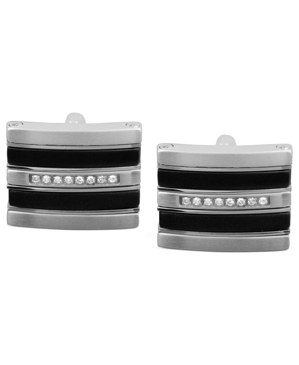 Mens Diamond Cuff Links, Stainless Steel, Black Resin and Diamond