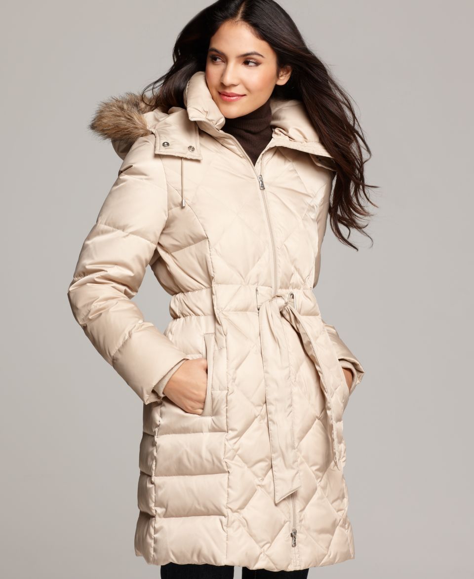 Kenneth Cole Reaction Coat, Faux Fur Hooded Long Sleeve Quilted Belted Puffer   Coats   Women