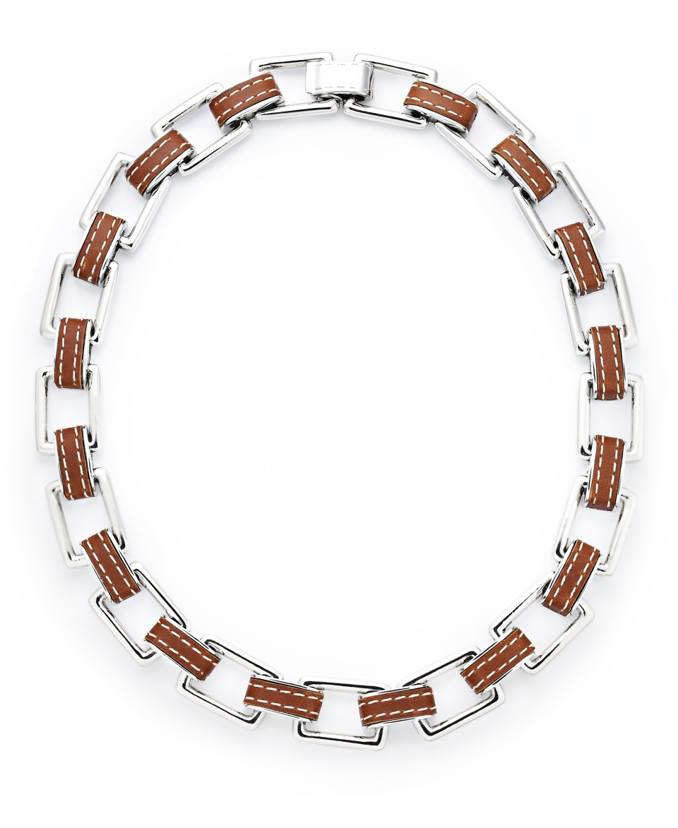 Lauren Ralph Lauren Necklace, Silver tone Leather Link Necklace