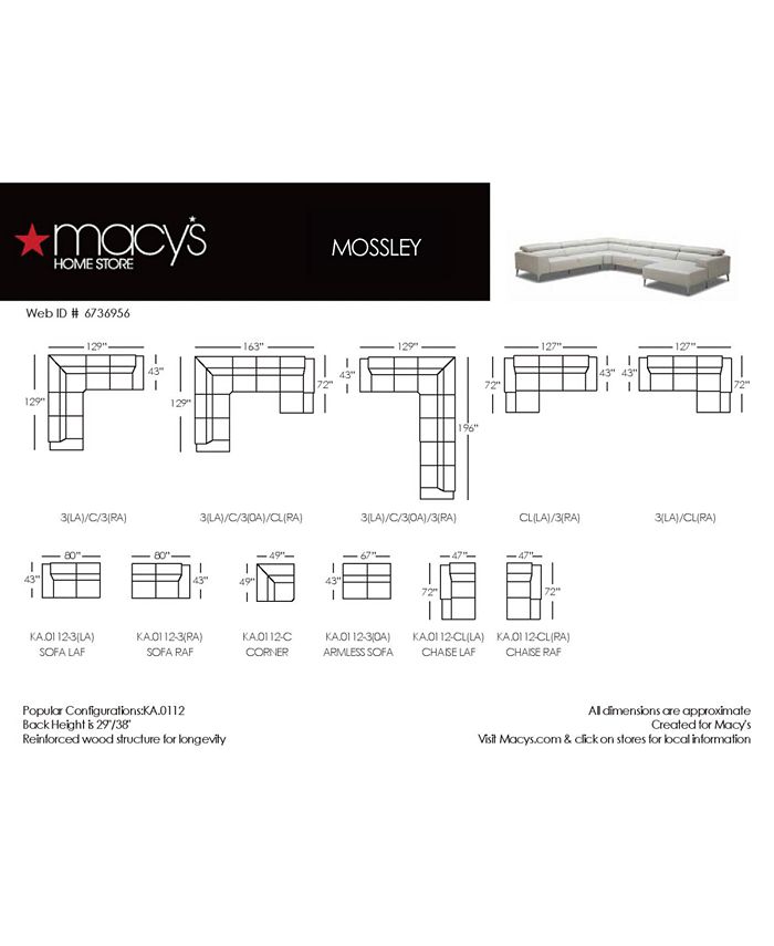 Furniture CLOSEOUT! Mossley 129" 3Piece Leather "L" Sectional Sofa