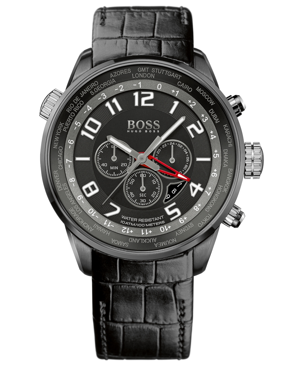 Hugo Boss Watch, Mens Black Leather Strap 44mm 1512740   All Watches