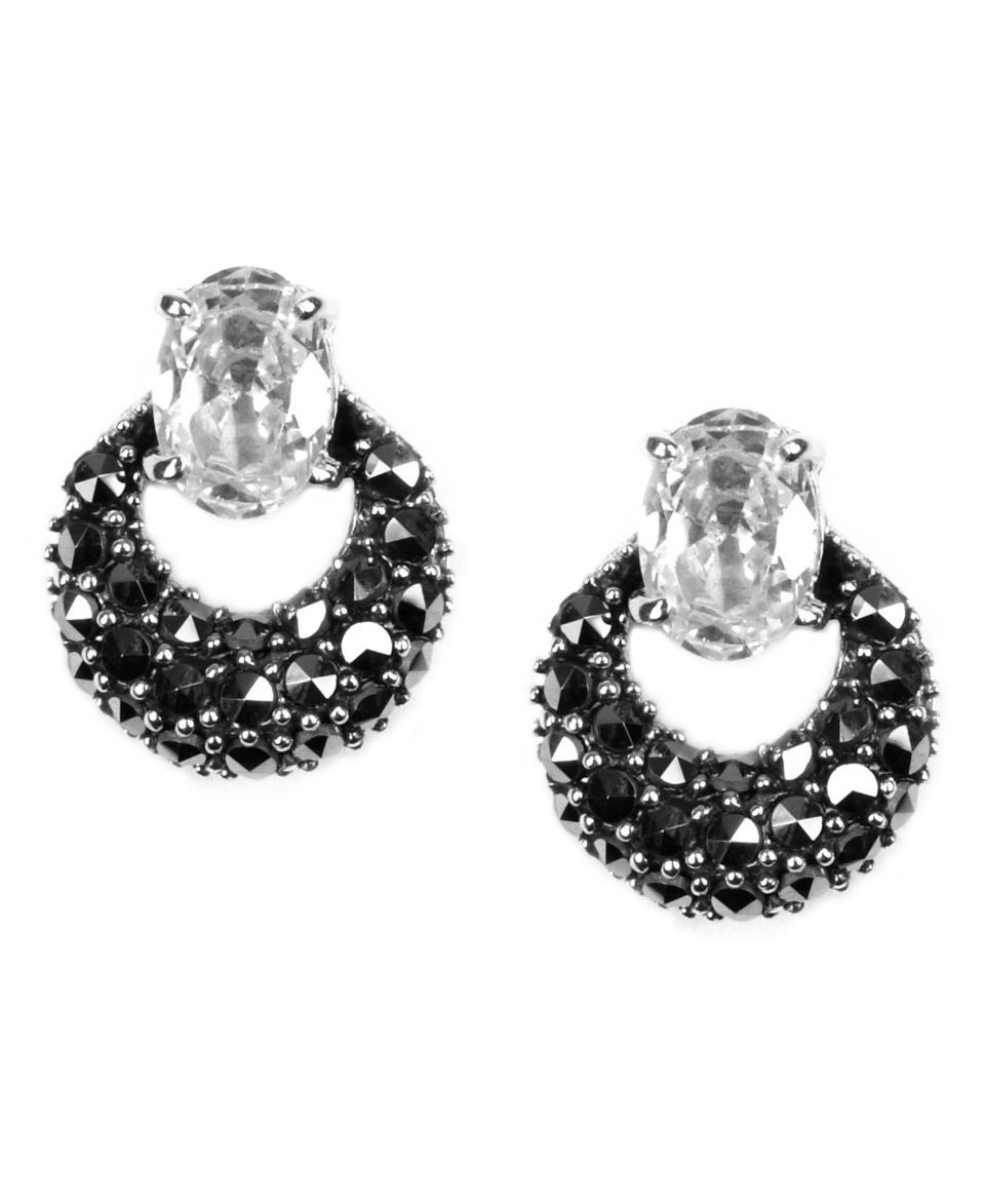Judith Jack Earrings, Sterling Silver Crystal and Marcasite Button