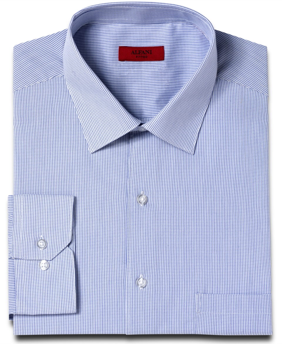 Alfani RED Dress Shirt, Blue Mini Checked Long Sleeve Shirt   Mens