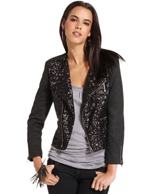 MM Couture Jacket, Long-Sleeve Sequin Herringbone Zipper Motorcycle ...