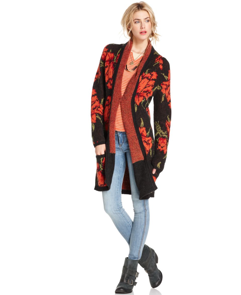 Free People Sweater, Long Sleeve V Neck Rose Print Cardigan