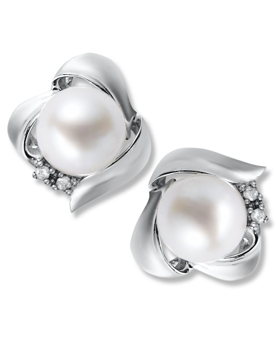 Sterling Silver Earrings, Cultured Fresh Water Pearl (7mm) and Diamond