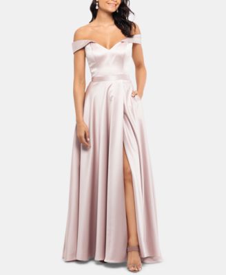 satin off the shoulder gown