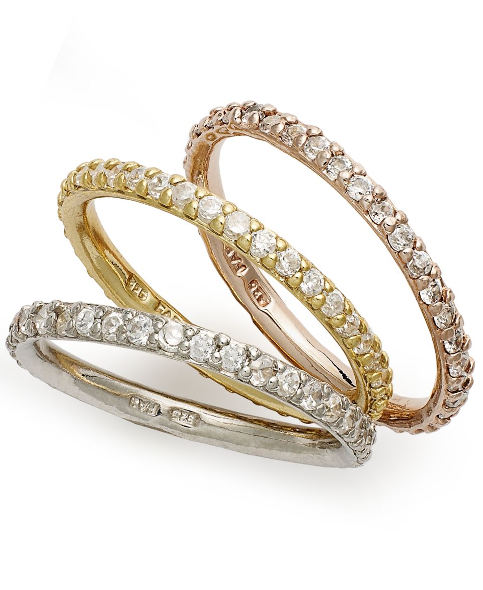 Brilliant Tri Tone Rings Set, Set of 3 Cubic Zirconia Stackable