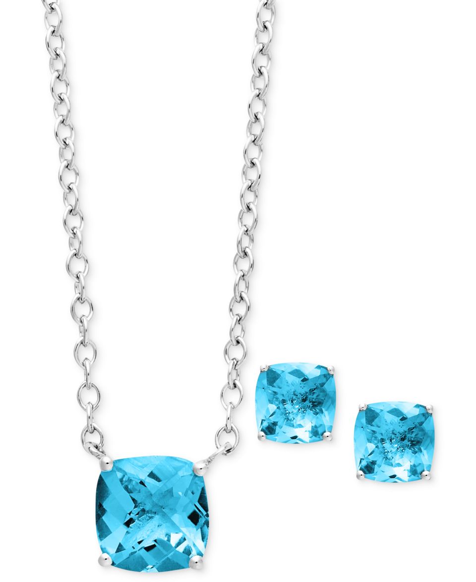 Sterling Silver Jewelry Set, Cushion Cut Blue Topaz Earrings and