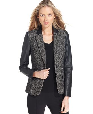 MICHAEL Michael Kors Jacket, Faux-Leather-Sleeve Tweed Blazer - Jackets ...