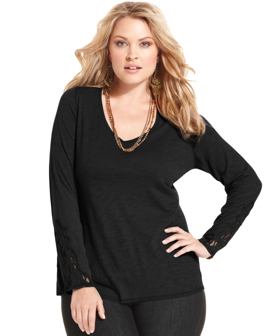 Lucky Brand Jeans Plus Size Top, Three Quarter Sleeve Beaded   Plus