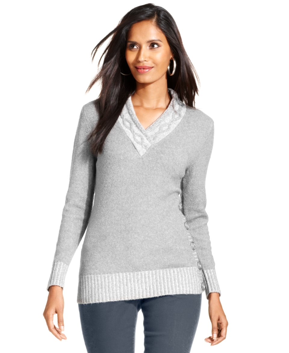 Style&co. Petite Sweater, Long Sleeve V Neck Marled Knit