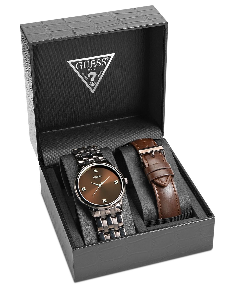 GUESS Watch Set, Mens Diamond Accent Interchangeable Brown Ion Plated