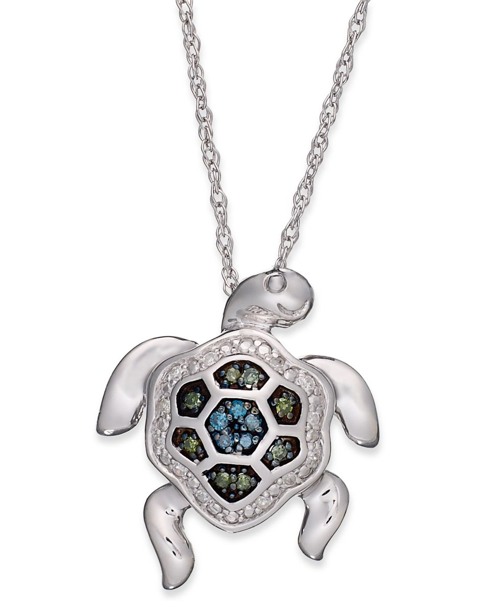 Sterling Silver Necklace, Blue and Green Diamond Accent Turtle Pendant (1/10 ct. t.w.)   Necklaces   Jewelry & Watches