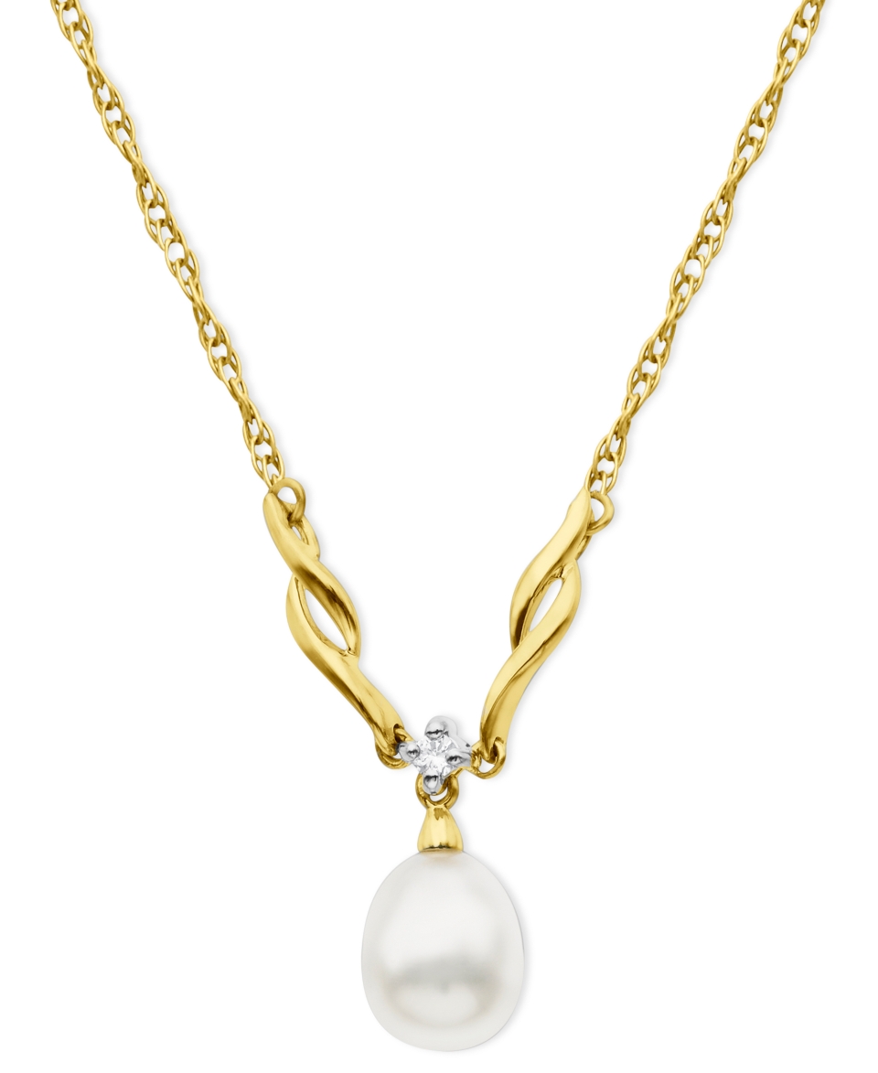 10k Gold Necklace, Cultured Freshwater Pearl and Diamond Accent Wave