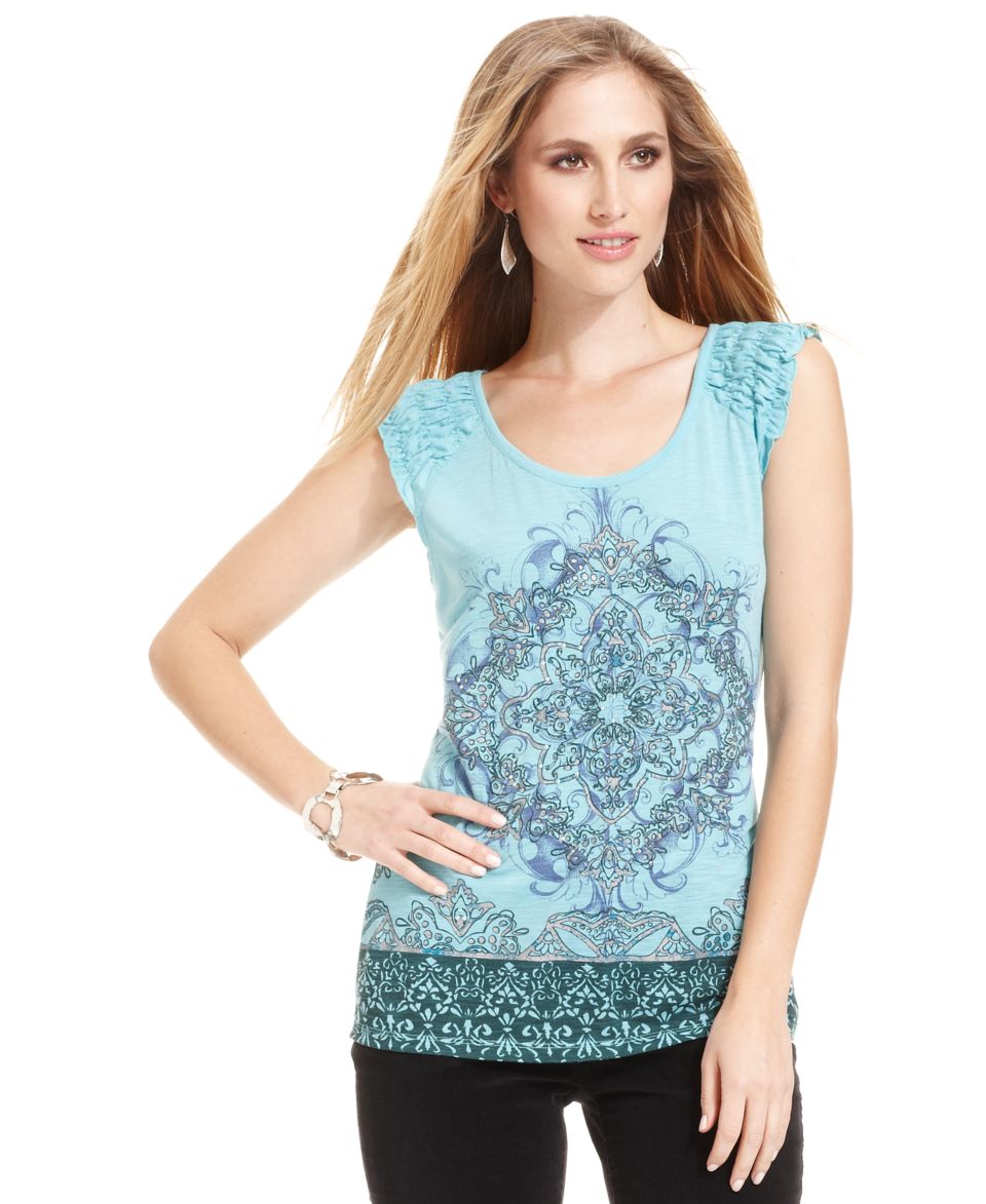 Style&co. Petite Top, Cap Sleeve Ruffled Printed Embellished