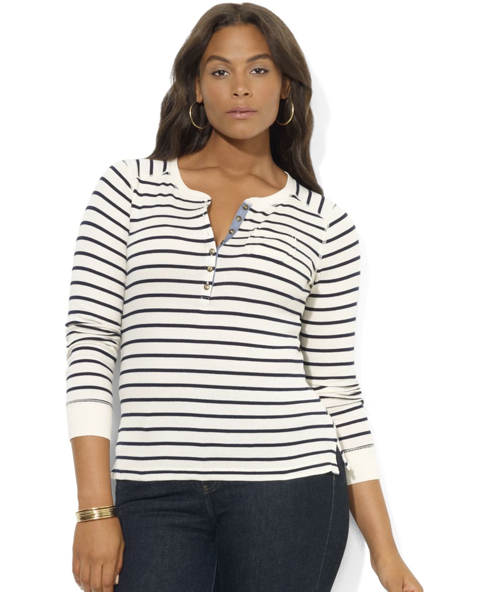 Lauren Ralph Lauren Plus Size Top, Long Sleeve Striped Chambray Trim