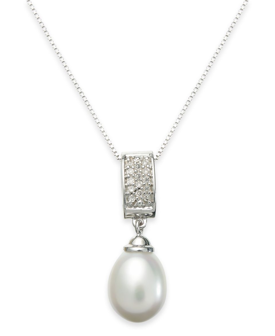 Sterling Silver Necklace, Cultured Freshwater Pearl and Diamond (1/10