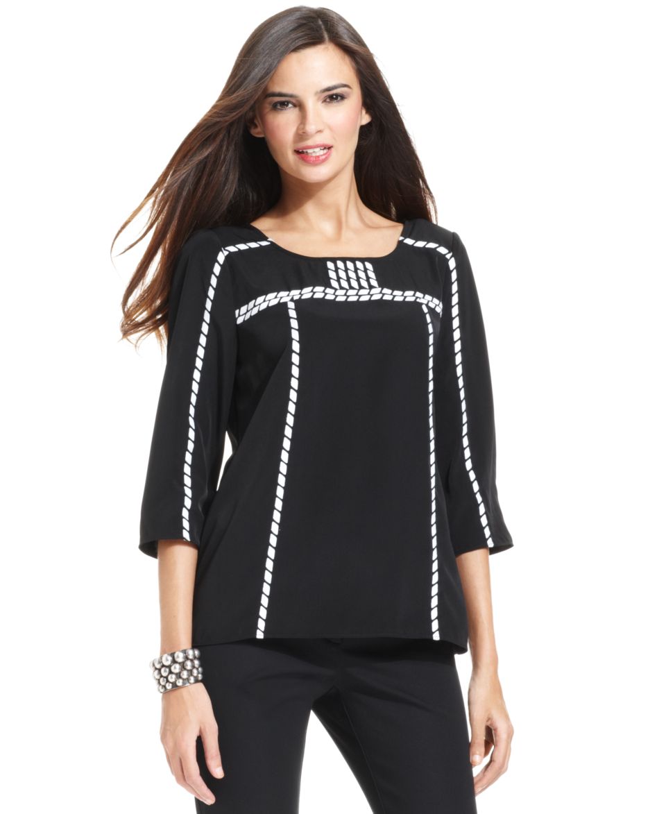 Alfani Top, Three Quarter Sleeve Smocked Printed   Womens Tops   