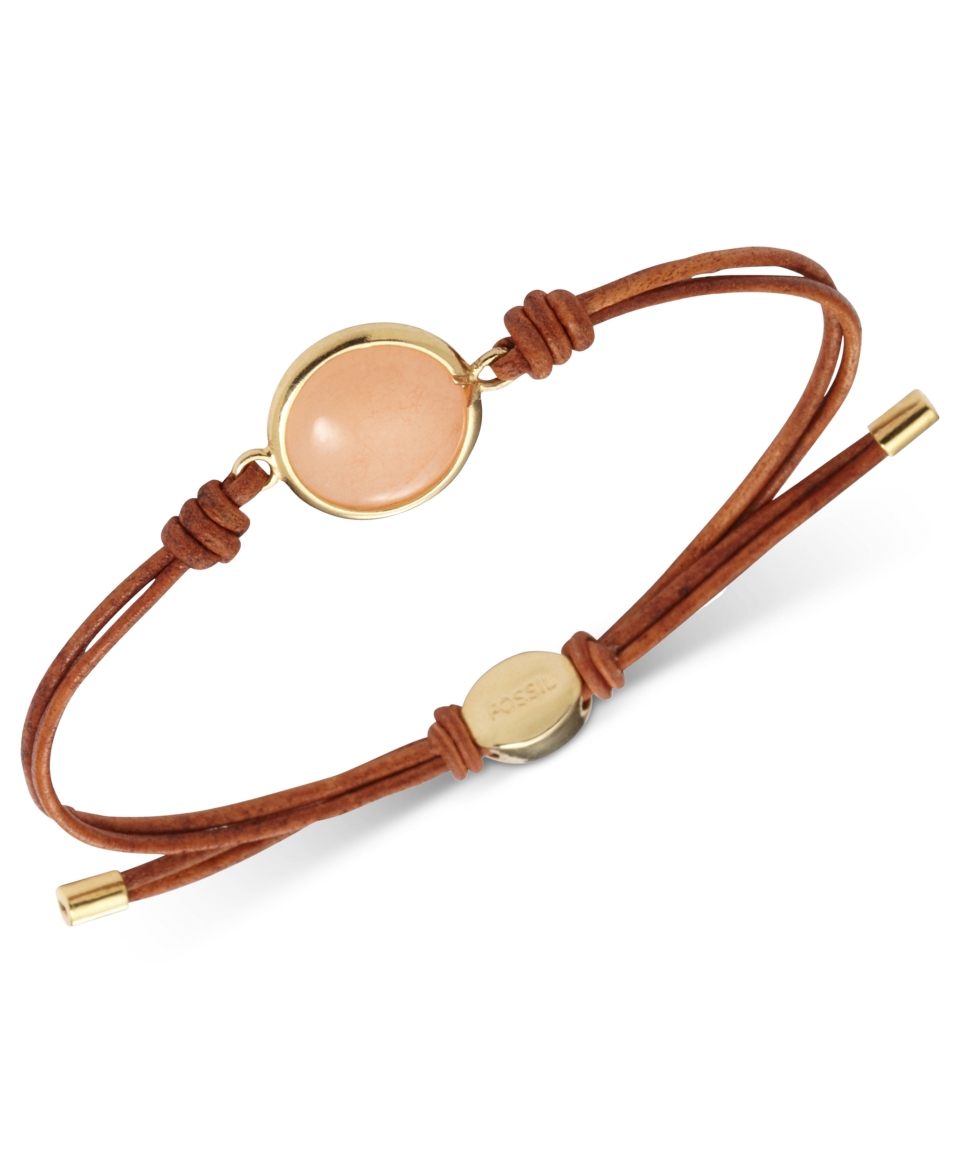 NEW Fossil Bracelet, Gold Tone Peach Bead Leather Bracelet