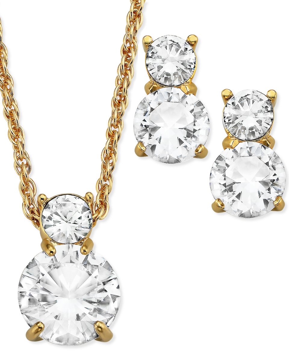 Swarovski Jewelry Set, 22k Gold Plated Double Round Cut Crystal Pendant Necklace and Stud Earrings   Fashion Jewelry   Jewelry & Watches