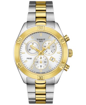 Женские швейцарские часы-хронограф Tissot T-Classic PR 100 с двухцветным PVD-браслетом из нержавеющей стали, 38 мм
