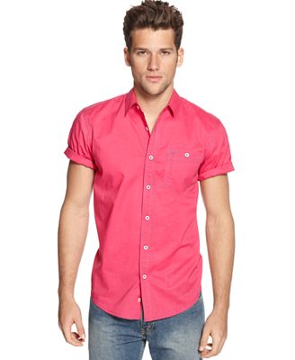 Vintage Red Shirt, Short Sleeve Cambric Shirt - Casual Button-Down ...