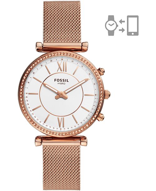 Fossil Women S Carlie Rose Gold Tone Stainless Steel Mesh Bracelet Hybrid Smart Watch 36mm Reviews Watches Jewelry Watches Macy S