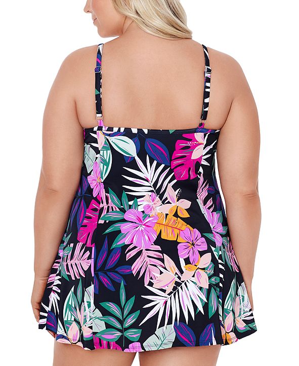 Swim Solutions Plus Size Floral-Print Empire Swimdress, Created for ...