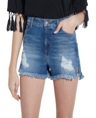 high rise frayed denim shorts