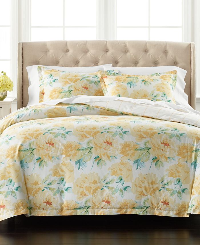 Martha Stewart Collection Percale Yellow Peony Reversible 3 Pc Full Queen Comforter Set Created For Macy S Reviews Comforter Sets Bed Bath Macy S