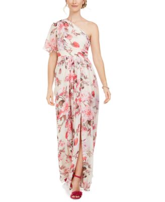 one shoulder floral gown