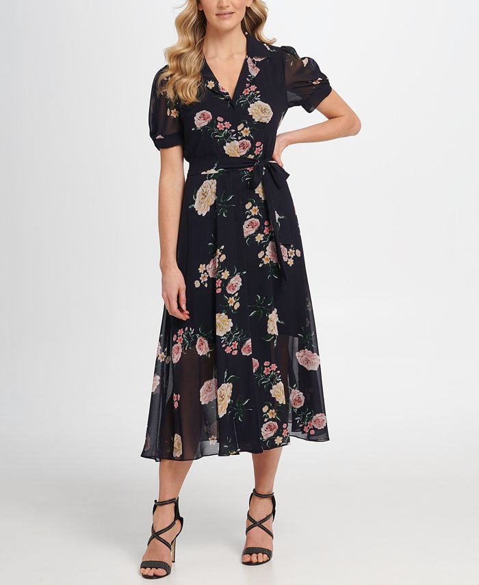 DKNY Floral Puff Sleeve Midi Shirtdress & Reviews - Dresses - Women ...