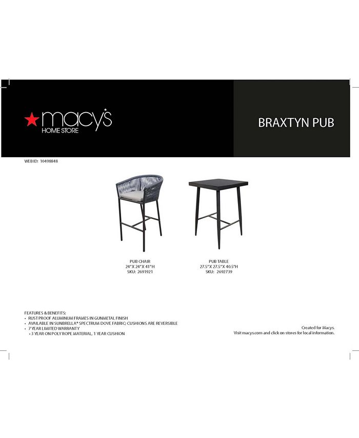 Furniture Braxtyn Outdoor Bar 28" Square Table, Created for Macy's