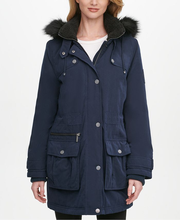 DKNY Faux-Fur Trim Hooded Water-Resistant Anorak Coat & Reviews - Coats -  Women - Macy's